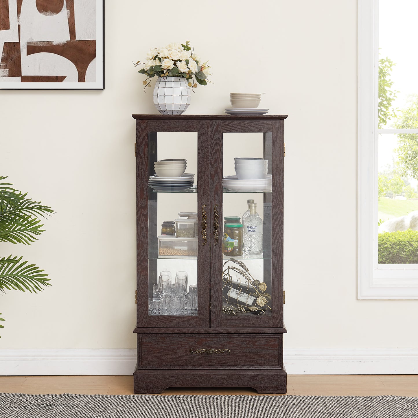 Light colored glass cabinet with adjustable glass frame Curio display cabinet, 2 doors and 1 drawer light bulb cherry color