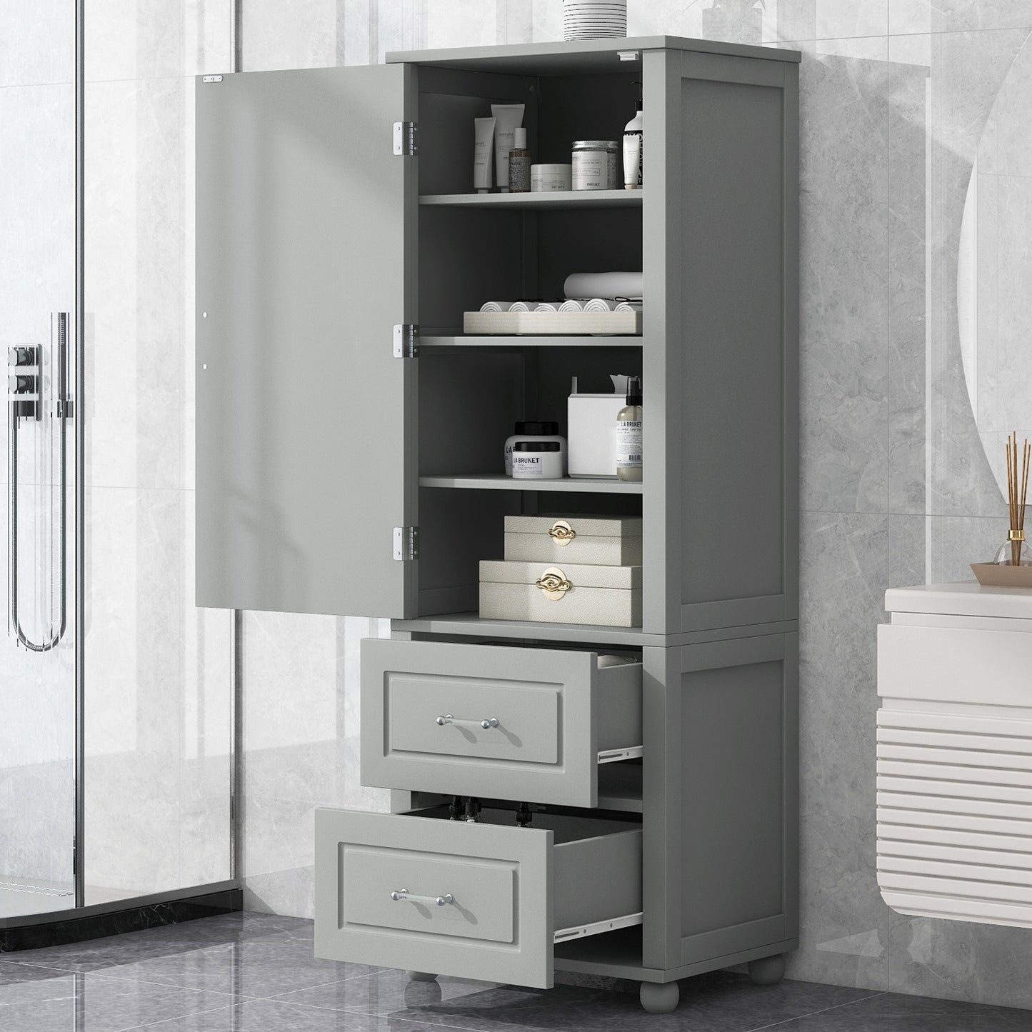 Tall Bathroom Storage Cabinet, Freestanding Storage Cabinet with Two Drawers and Adjustable Shelf, MDF Board , Grey