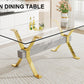 Modern Tempered Glass Dining Table, Large Office Desk with Gold Plated Metal Legs and MDF Crossbars