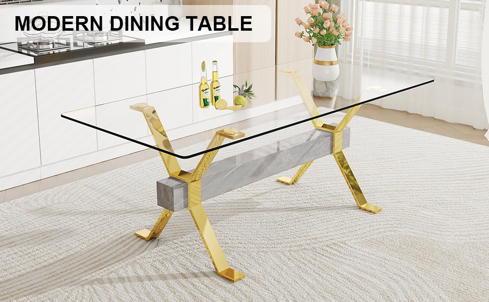 Mesa de comedor moderna de vidrio templado, escritorio de oficina grande con patas de metal chapado en oro y barras transversales de MDF