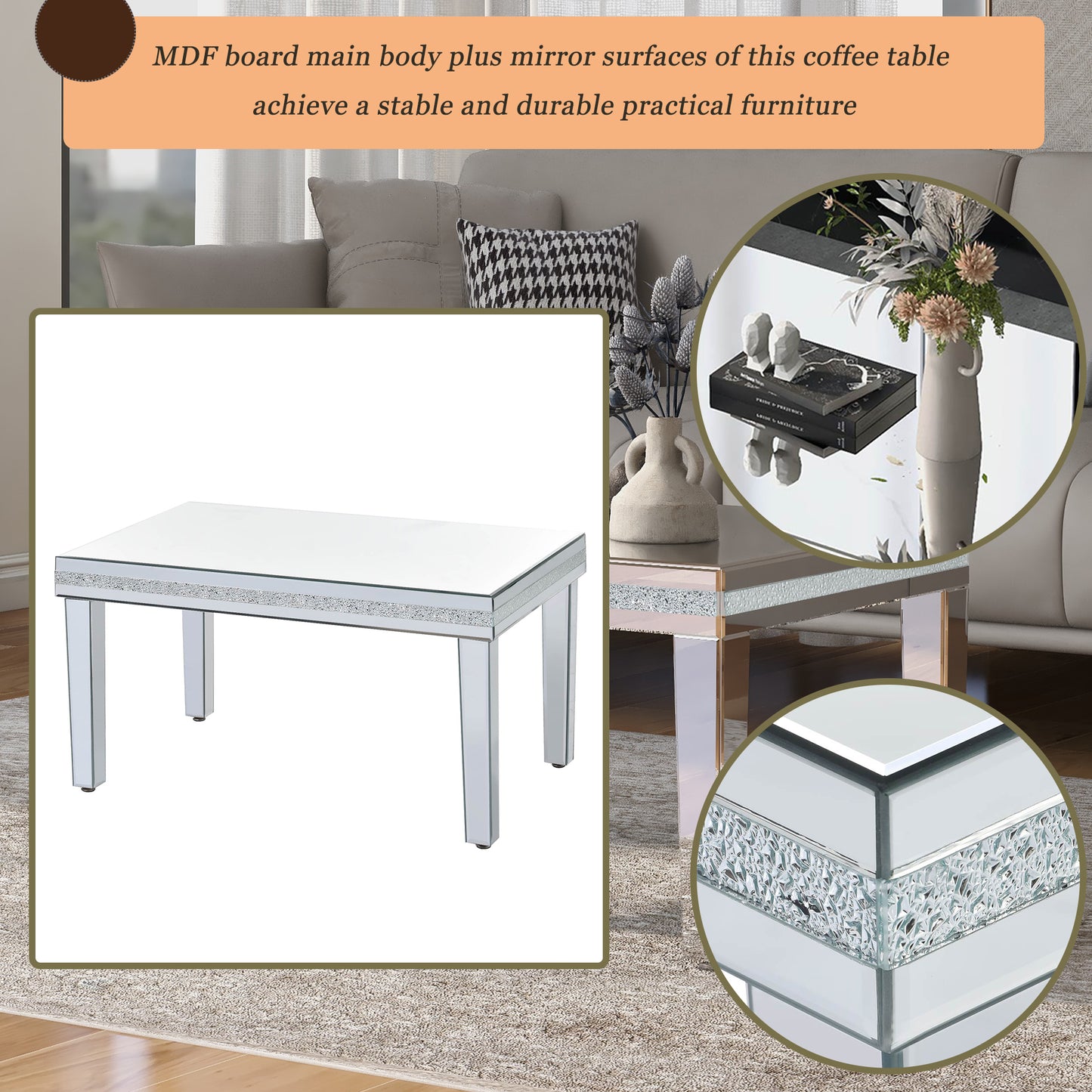 ON-TRANS Stylish Modern Glass Mirrored Coffee Table with Crystal Design and Adjustable Height Legs, Silver Finish