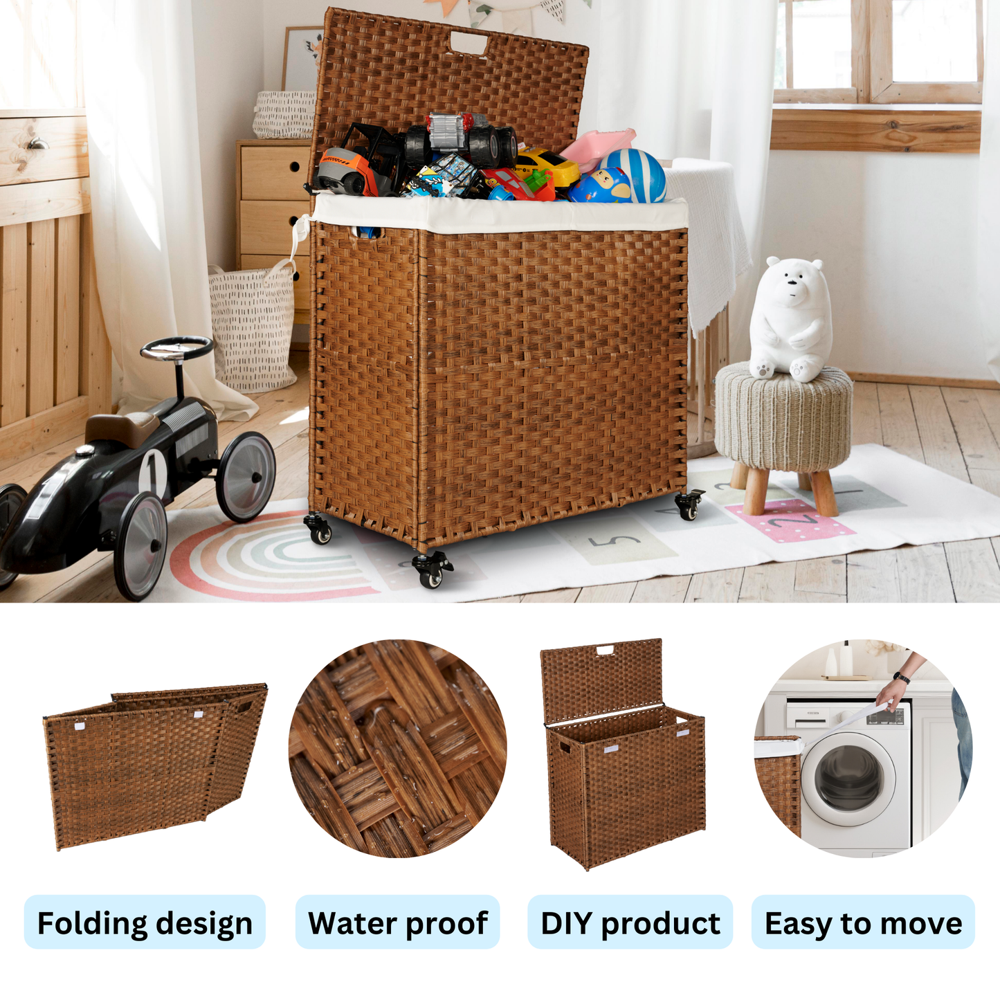 Laundry Hamper With Lid PE Rattan Powder Coating Frame Clothes Hampers with 02 Removable Bags, Wheels, 160L, Brown Color