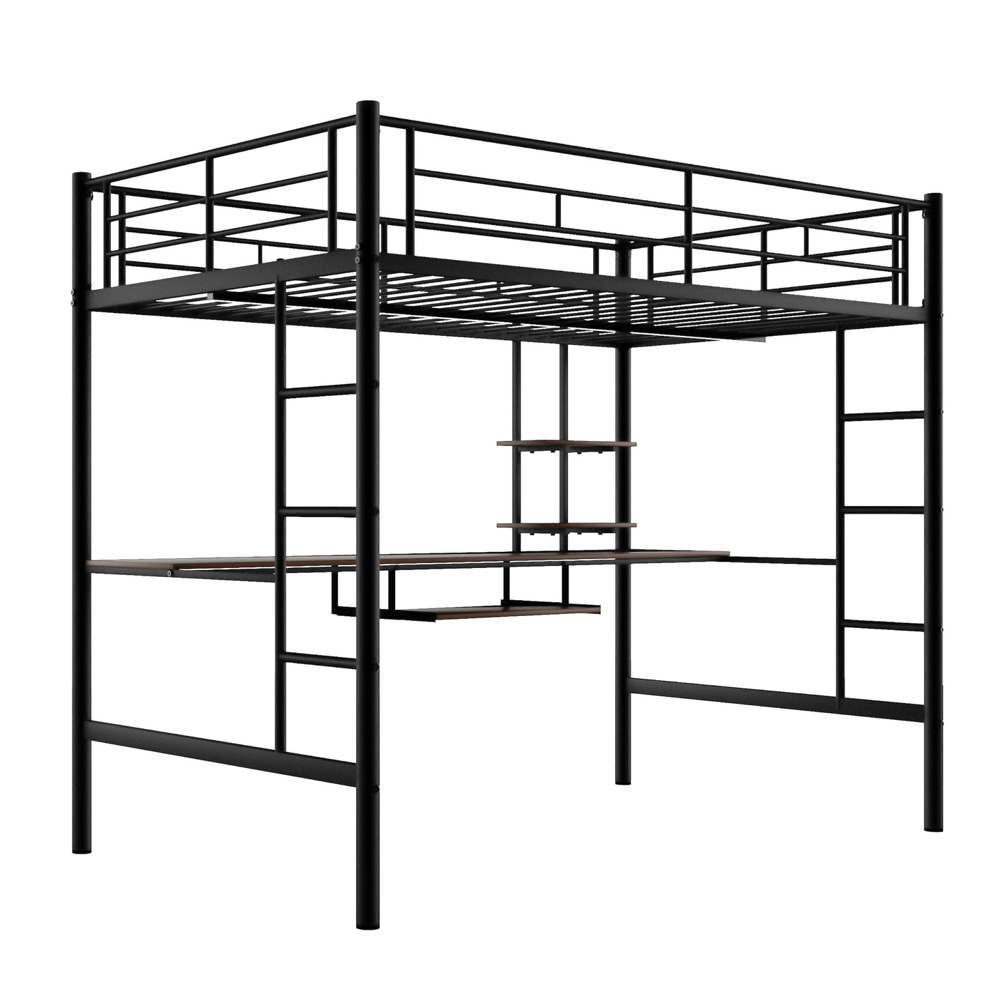 Loft Bed with Desk and Shelf, Space-Saving Design in Full Black Finish