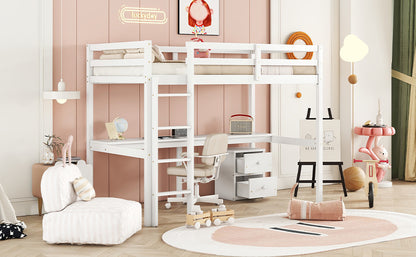 Twin Loft Wood Bed with Built-In Desk, Storage Cabinet, Guardrails, and Ladder, White Finish