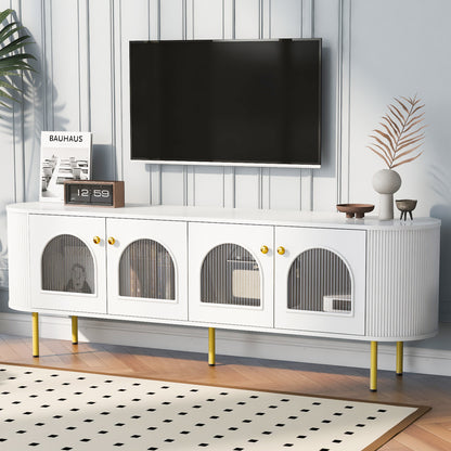 U-Can Modern TV Stand for TVs up to 80 Inches, Entertainment Center with 4 Cabinets, Wood with Metal Legs and Handles White