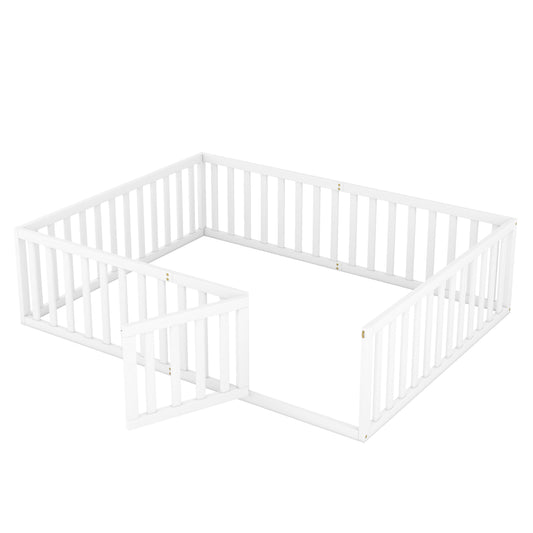 Queen Size Wood Floor Bed Frame with Fence and Door White(OLD SKU:WF289663AAK)