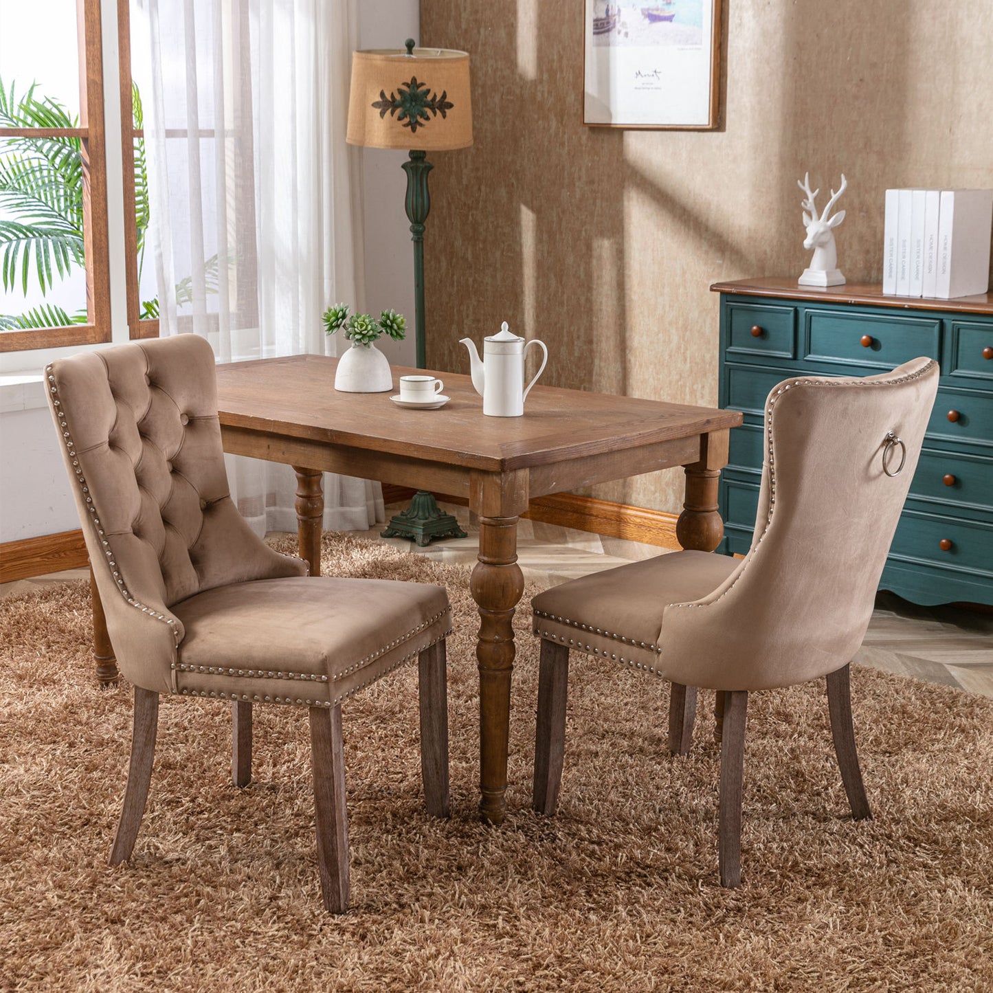 High-end Tufted Solid Wood Contemporary Velvet Upholstered Dining Chair with Wood Legs Nailhead Trim 2-Pcs Set Khaki