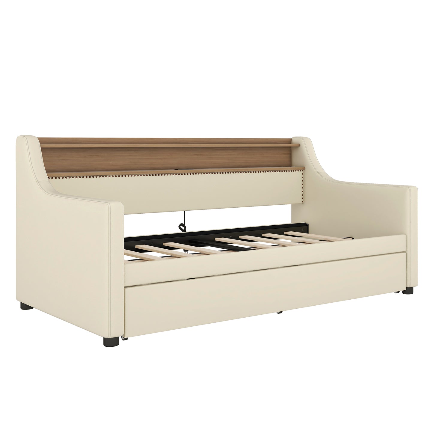 Twin Size Daybed with Trundle, Upholstered Daybed with Charging Station and LED Lights, Beige