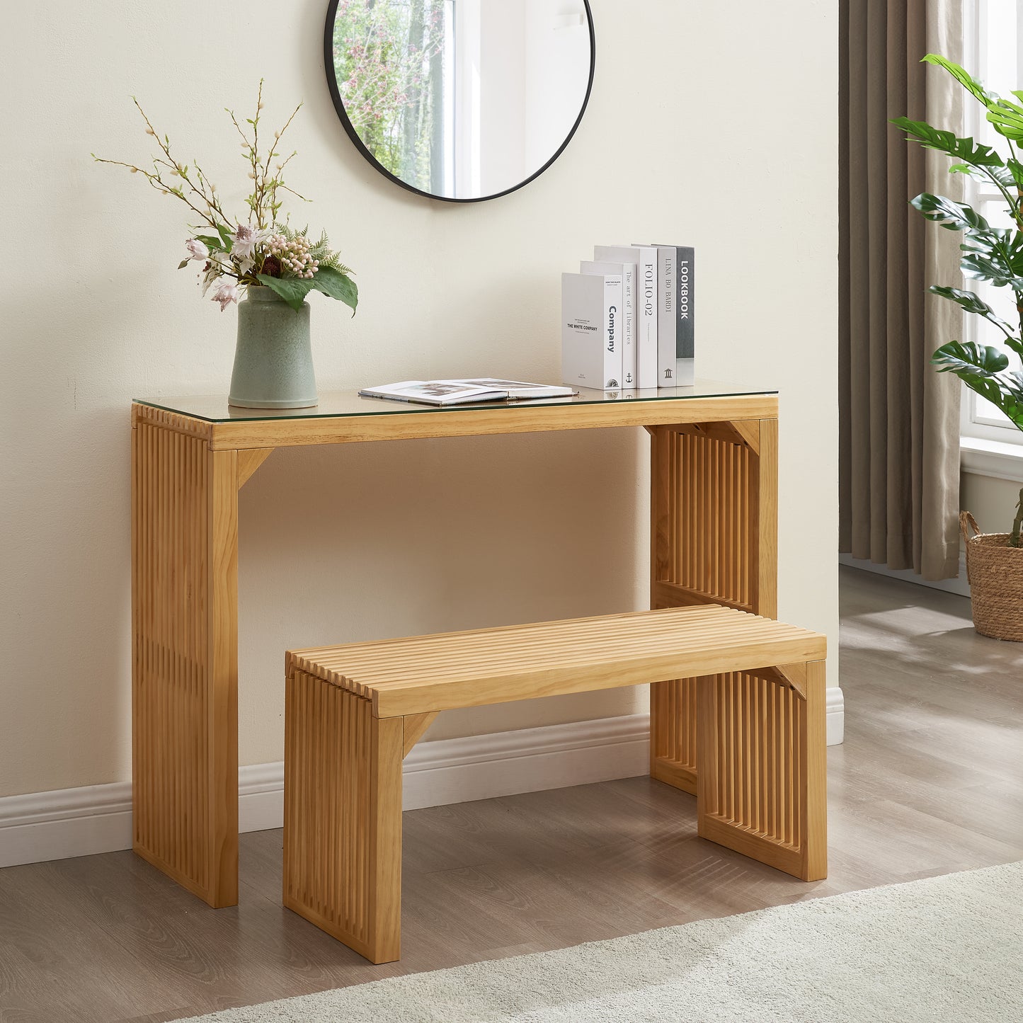 Conjunto de mesa y banco de comedor, diseño de madera de pino para entradas, salas de estar y cocinas