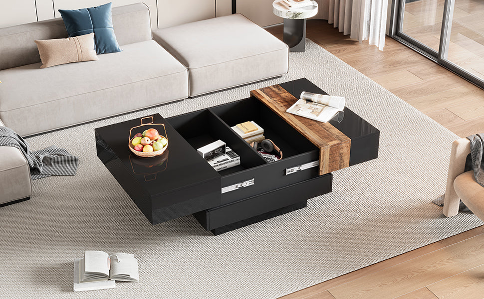 ON-TRANS 31.4-Inch High Gloss Center Table with Sliding Tabletop and Hidden Storage, Black Finish