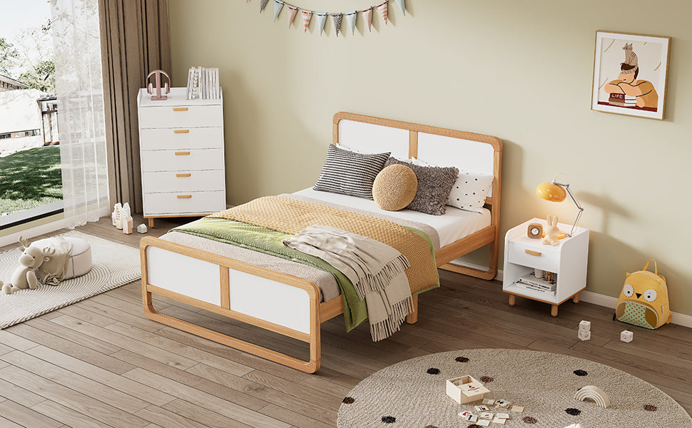 Modern Style Queen Size Solid Wood Platform Bed for Kids, Teens, Adults, No Need Box Spring, Walnut and White