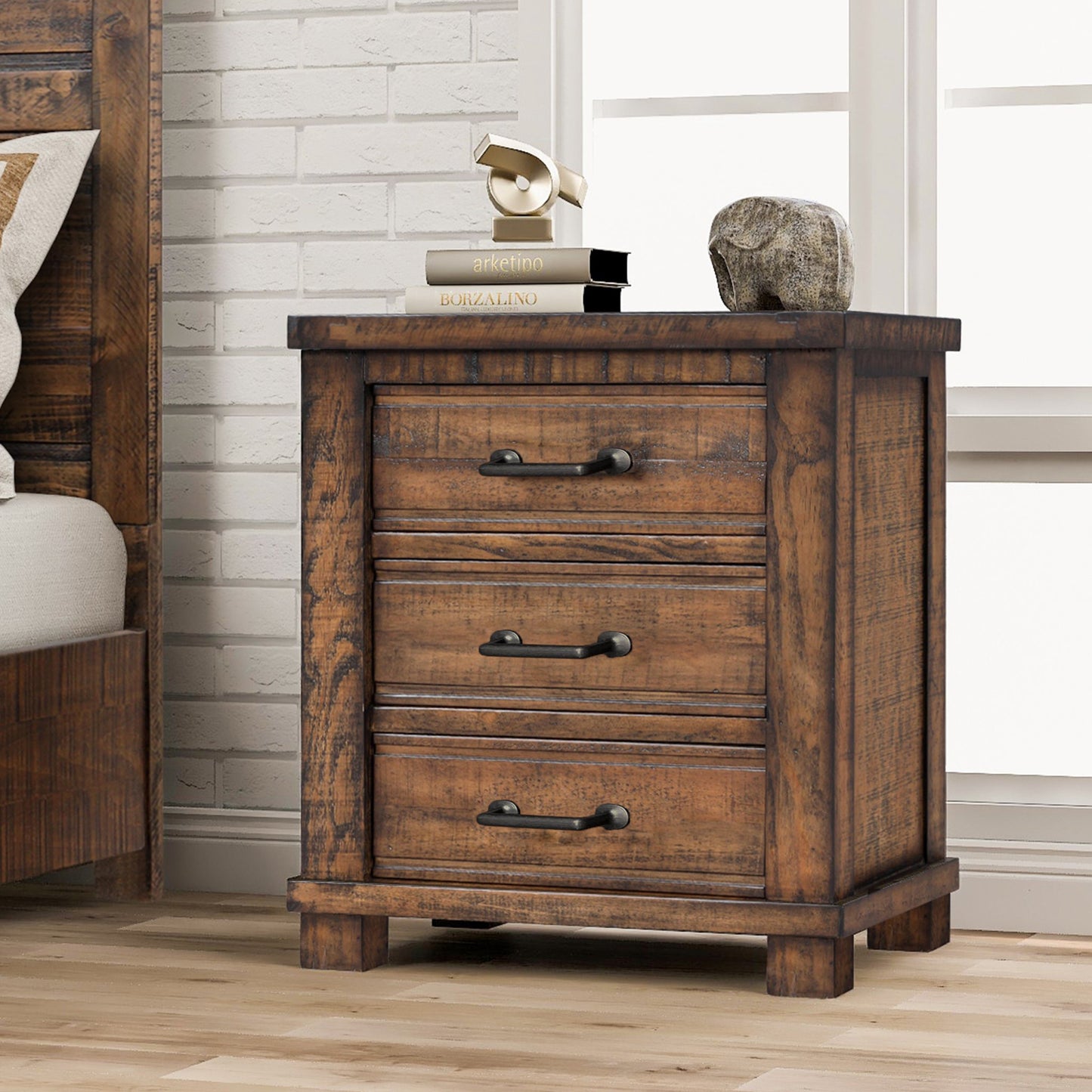 Rustic Three-Drawer Reclaimed Solid Wood Nightstand, Farmhouse Style for Bedrooms