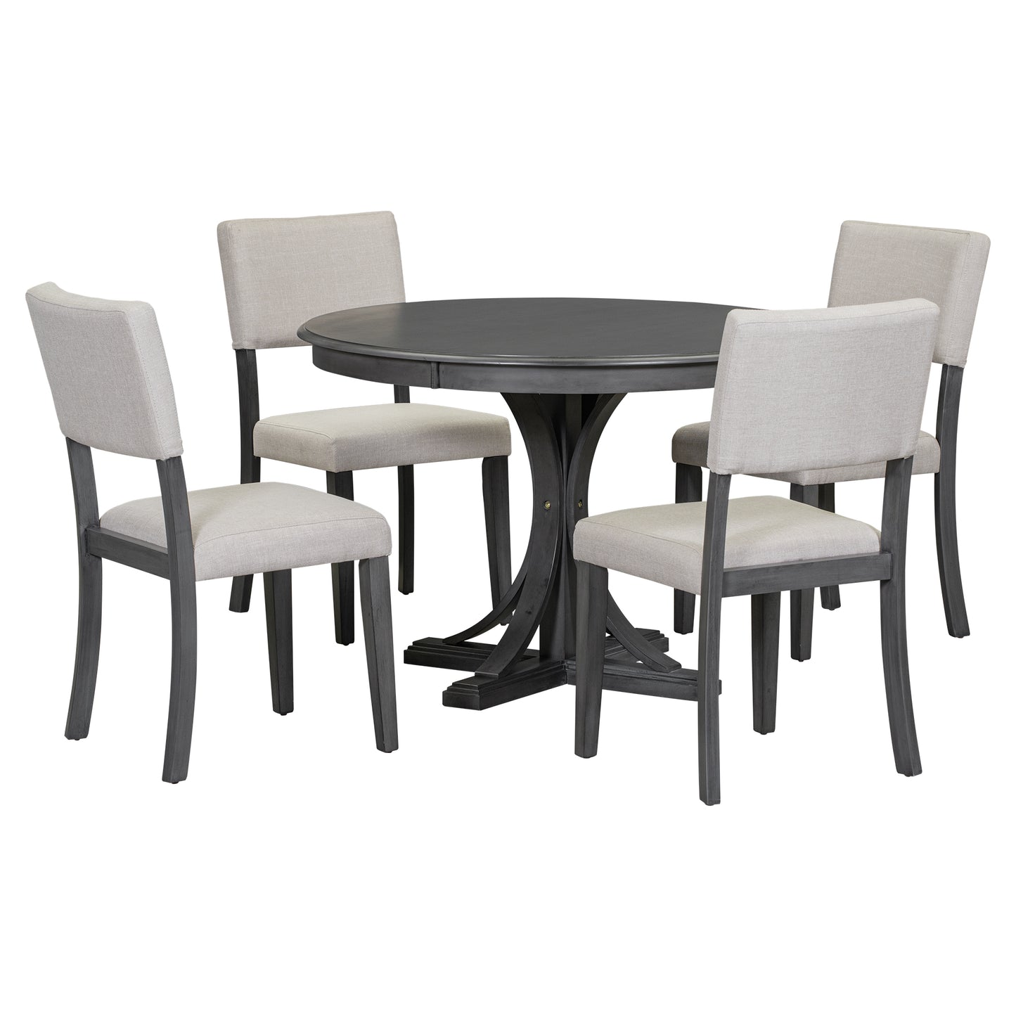 TREXM Five-Piece Retro Round Dining Table Set with Curved Brackets and 4 Cushioned Chairs, Dark Gray