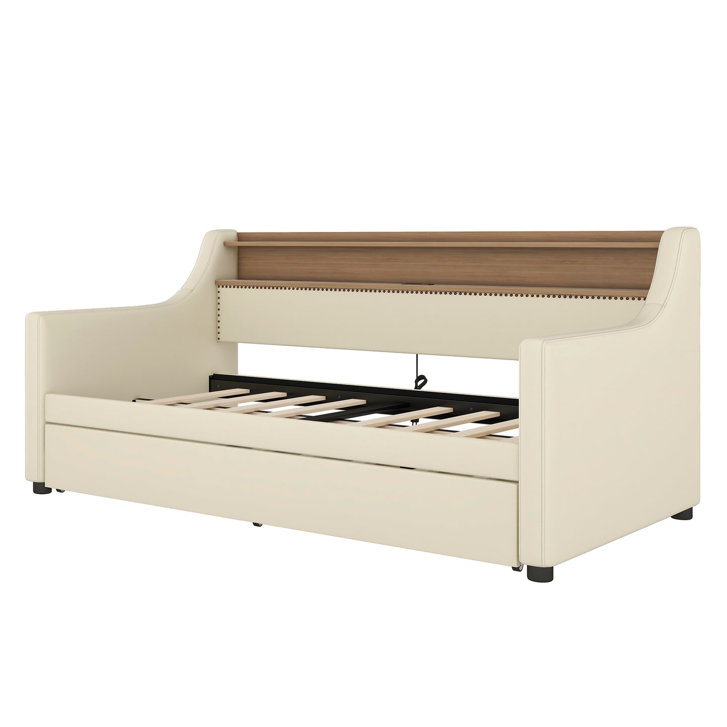 Twin Size Daybed with Trundle, Upholstered Daybed with Charging Station and LED Lights, Beige