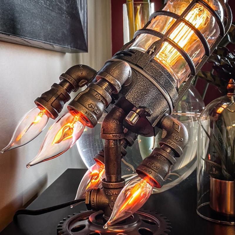 Lámpara de cohete Steampunk con enchufe de EE. UU., Reino Unido, UE y Australia, luces estilo punk, adornos de decoración de escritorio de metal, luz de decoración de pared, lámpara de luz LED