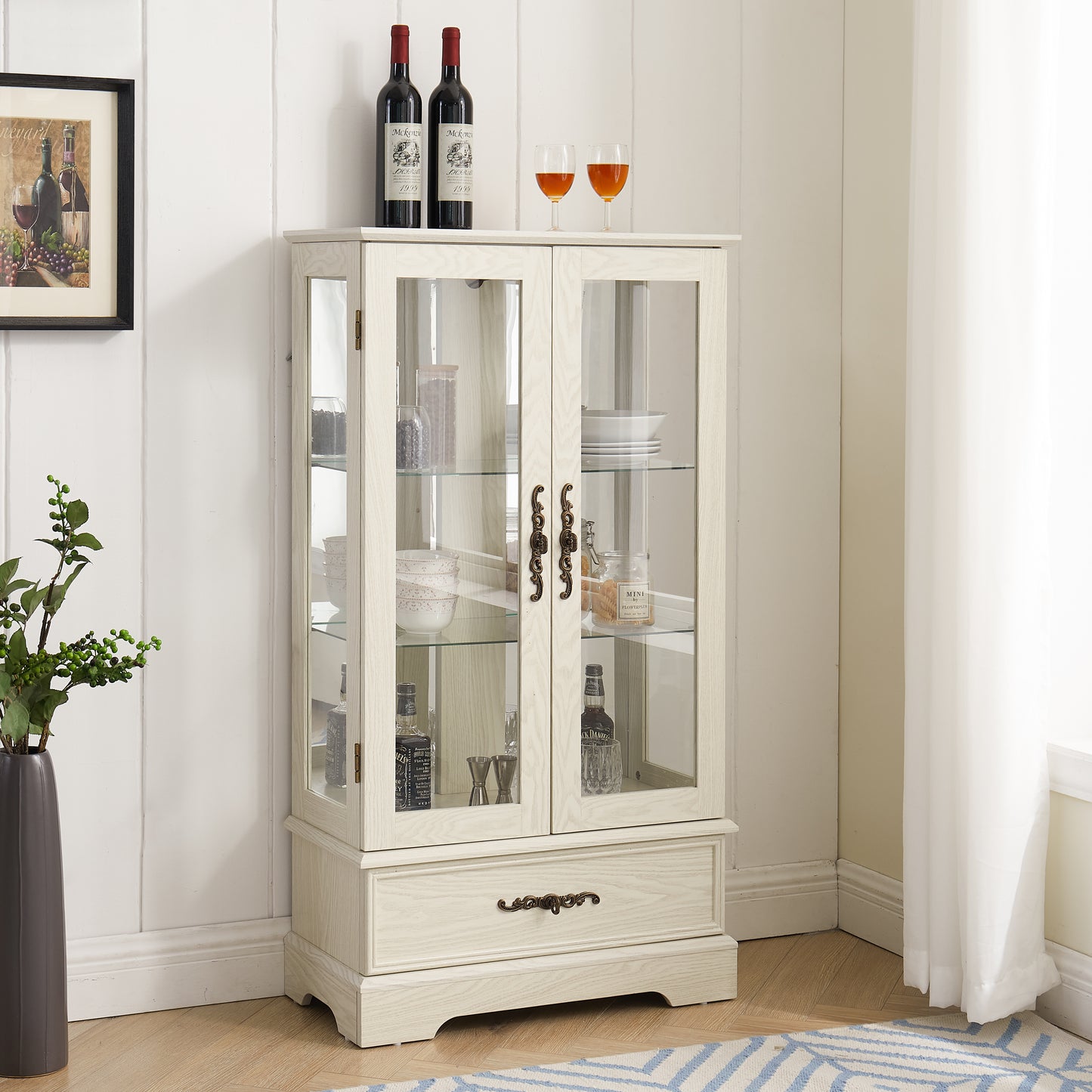 Light colored glass cabinet Curio display cabinet with adjustable glass frame, 2 doors and 1 drawer, including white light bulbs