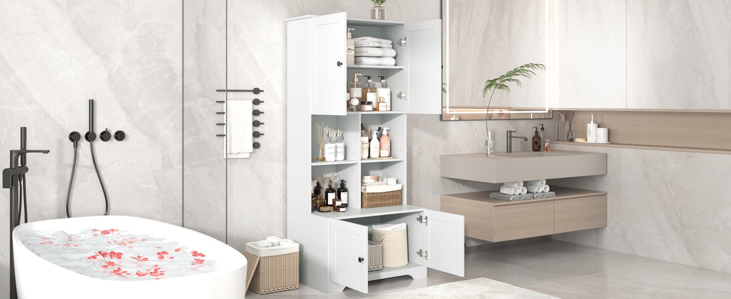 Bathroom storage cabinet, 4-door independent cabinet, adjustable shelf, open multi-layer shelf, white