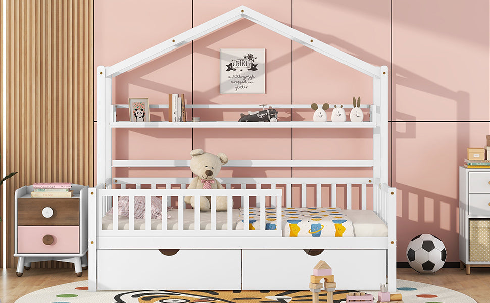 Wooden Twin Size House Bed with 2 Drawers Kids Bed with Storage Shelf White