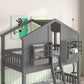 Twin over Twin House Bunk Bed with Roof , Window, Window Box, Door , with Safety Guardrails and Ladder, Grey