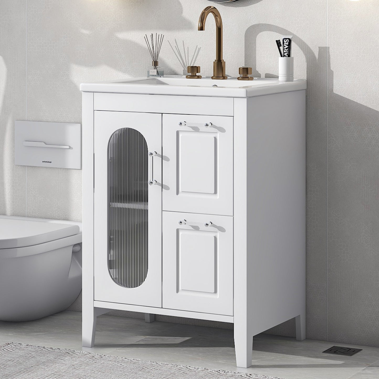 Bathroom Vanity with Sink, Bathroom Vanity Cabinet with Two Drawers and Door, Adjustable Shelf, Solid Wood and MDF, White