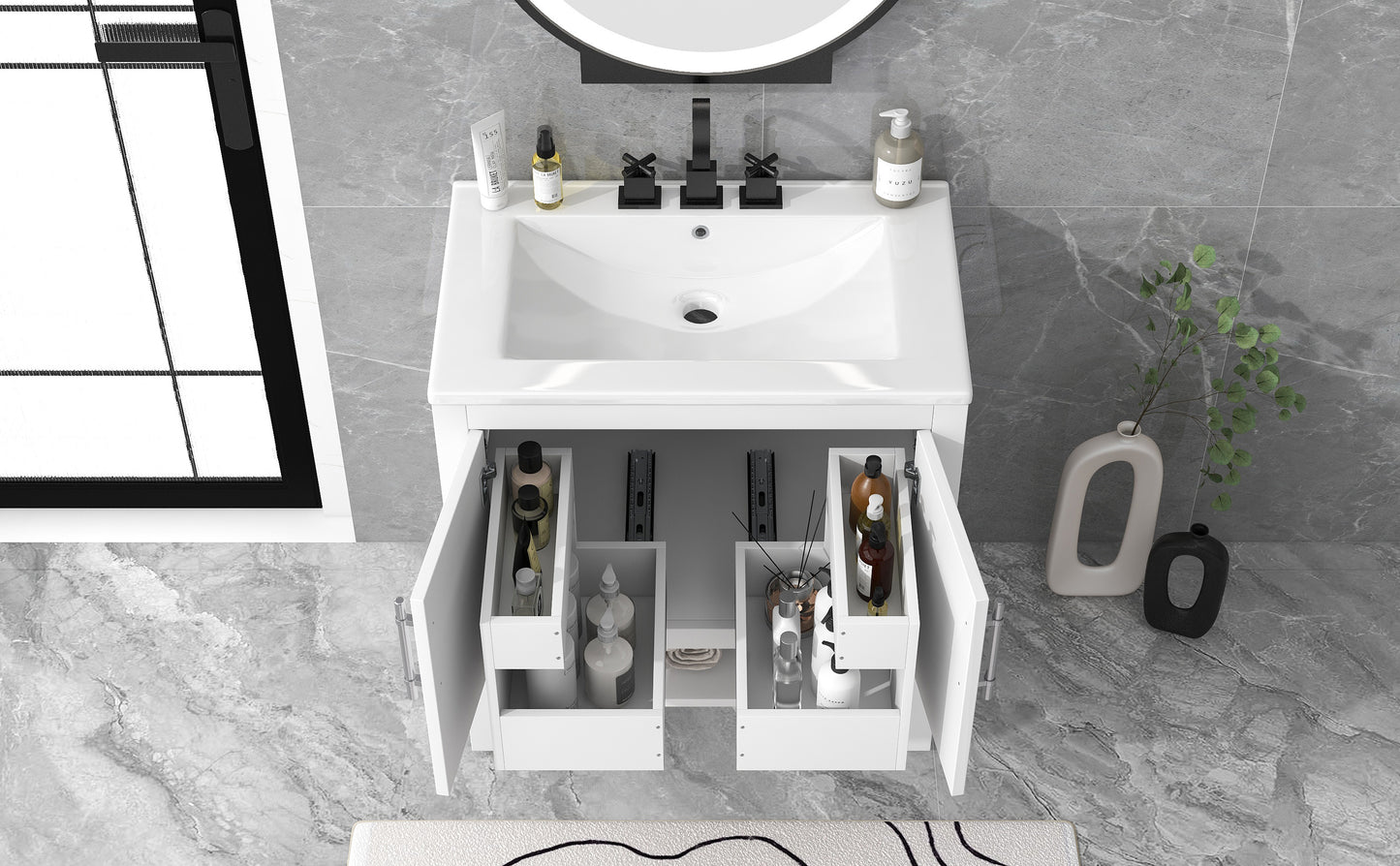 Bathroom Vanity with Sink Multi-functional Bathroom Cabinet with Doors and Drawers Solid Frame and MDF Board, White