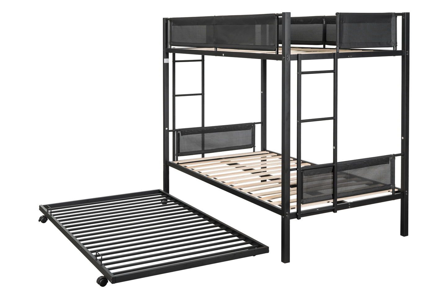 Metal double bed with casters/sturdy frame/no noise/comfortable guardrail/2 side ladders/no need for spring box