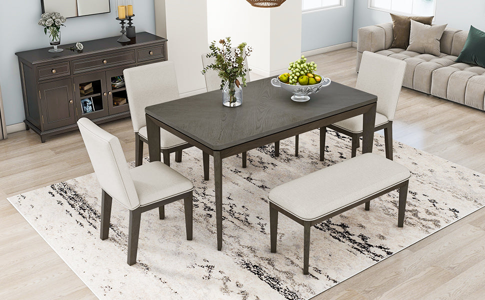 Juego de mesa de comedor TOPMAX de 6 piezas con sillas y banco tapizados, patas cónicas estilo rústico, gris oscuro y beige