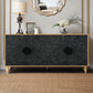 Black Carved Symmetrical Design Door with Wood-Colored Frame, Perfect for TV Stands and Living Rooms