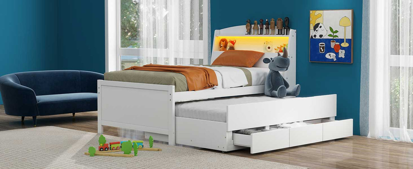 Twin Size Platform Bed with Storage LED Headboard Twin Size Trundle and 3 Drawers White