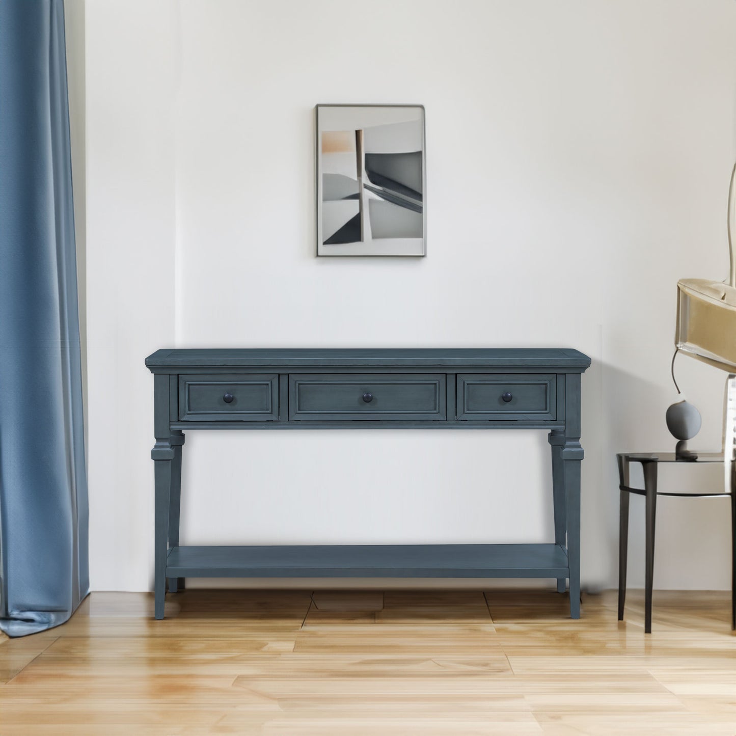 TREXM Classic Retro Style Console Table with Three Top Drawers and Open Style Bottom Shelf (Navy)