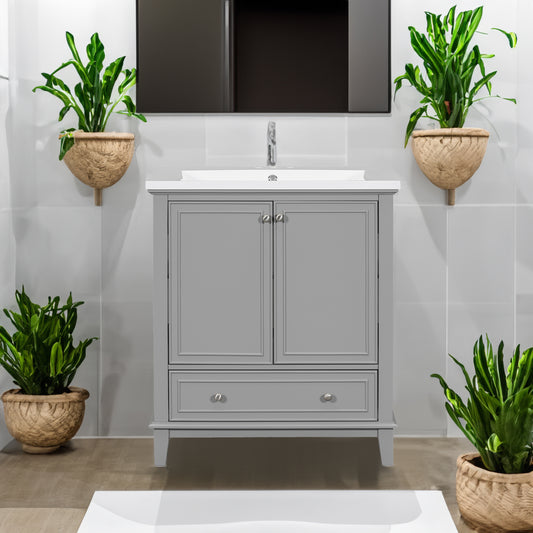 30inchgrey Bathroom Vanity with Sink ComboMulti-functional Bathroom Cabinet with Doors and Drawer Solid Frame and MDF Board