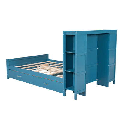 Full Platform Bed with Storage Shelves Blue