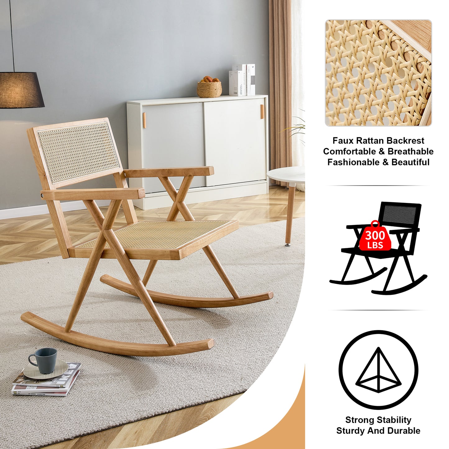 Solid wood+imitation rattan rocking chair allows you to relax quietly indoors and outdoors enhancing your sense of relaxation