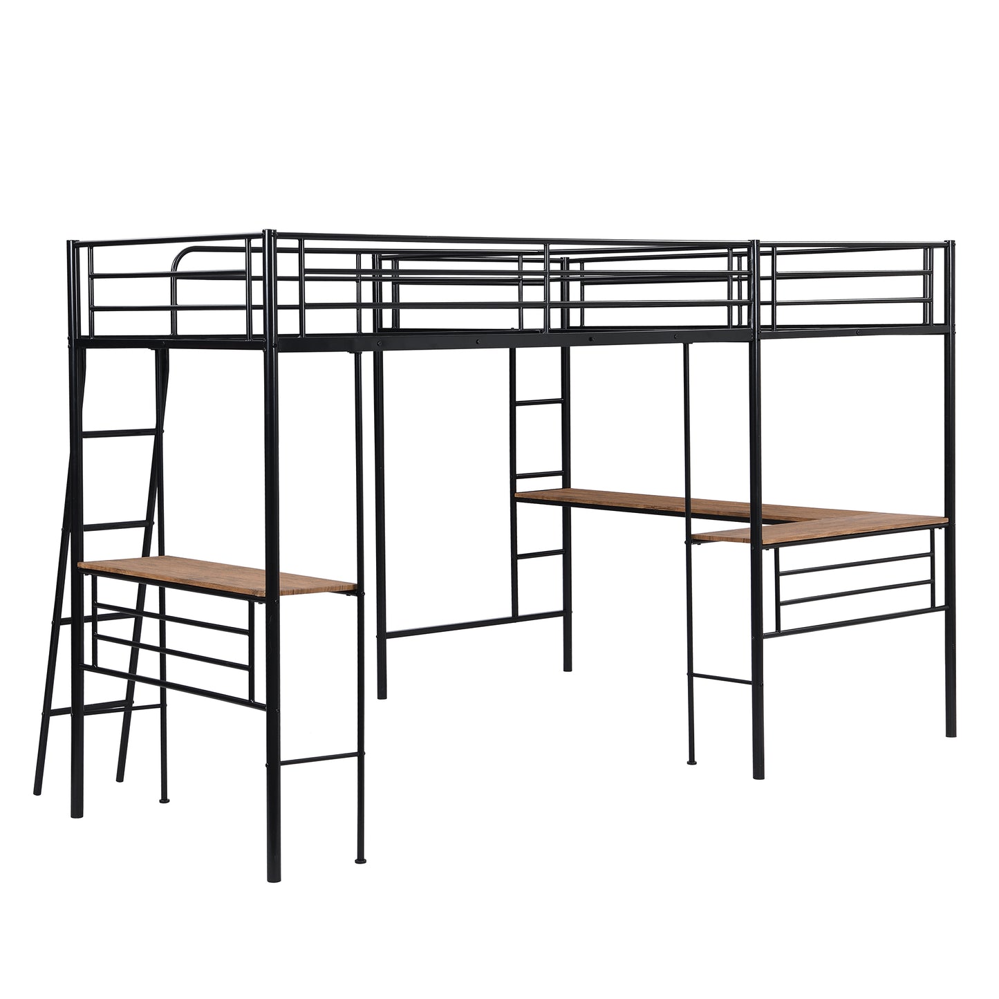 Twin Size Metal Loft Bed with Two Built-in Desks Black