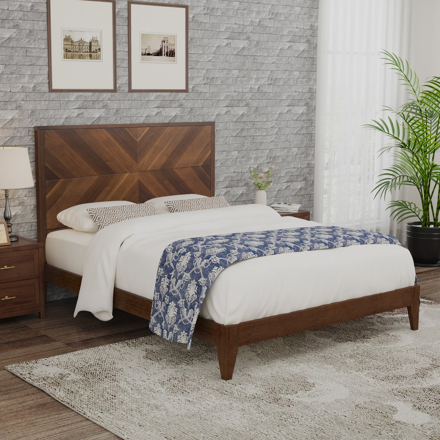 Mid-Century Modern Platform Bed Wood Slat Support with No Box Spring Needed,Queen, Walnut