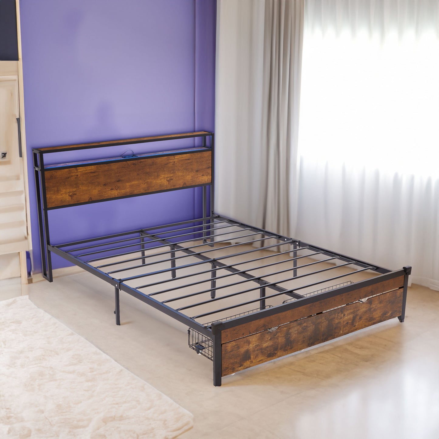 Large metal bed frame with wooden headboard and USB foot pedal, charging station, 2 drawers, LED lights, no need for box spring