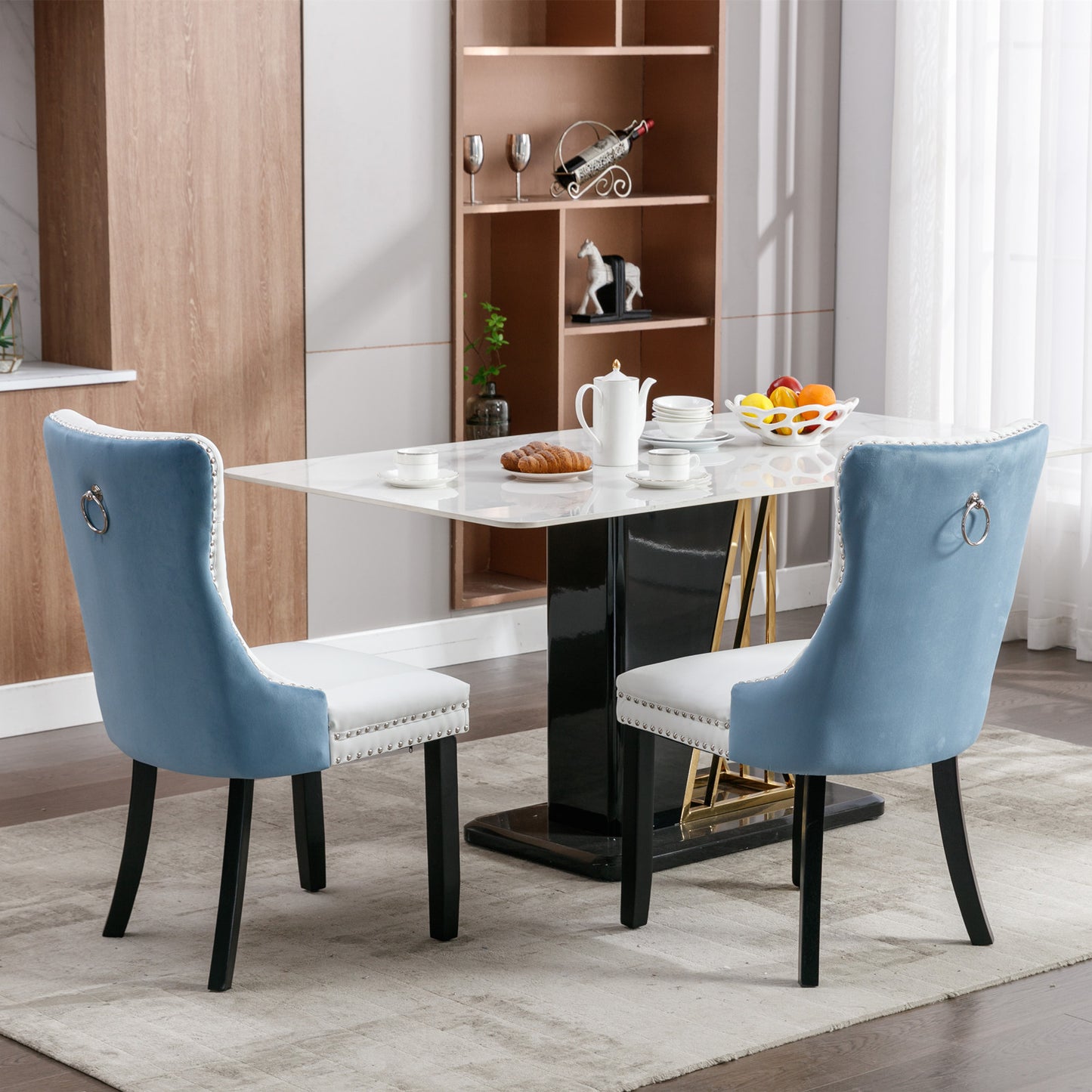 A&A Furniture Nikki Collection Modern High-end Tufted Solid Wood Contemporary PU 2-Pcs Set White+Light Blue