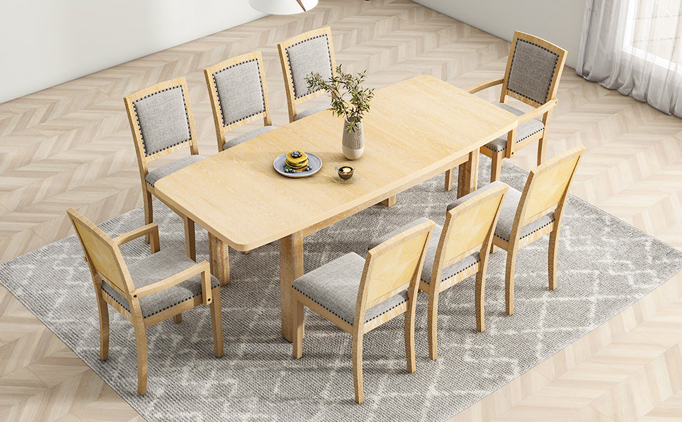 TOPMAX Expandable 84-Inch Dining Table Set with 24" Detachable Leaves, 6 Armless Chairs, and 2 Armchairs, Natural Finish