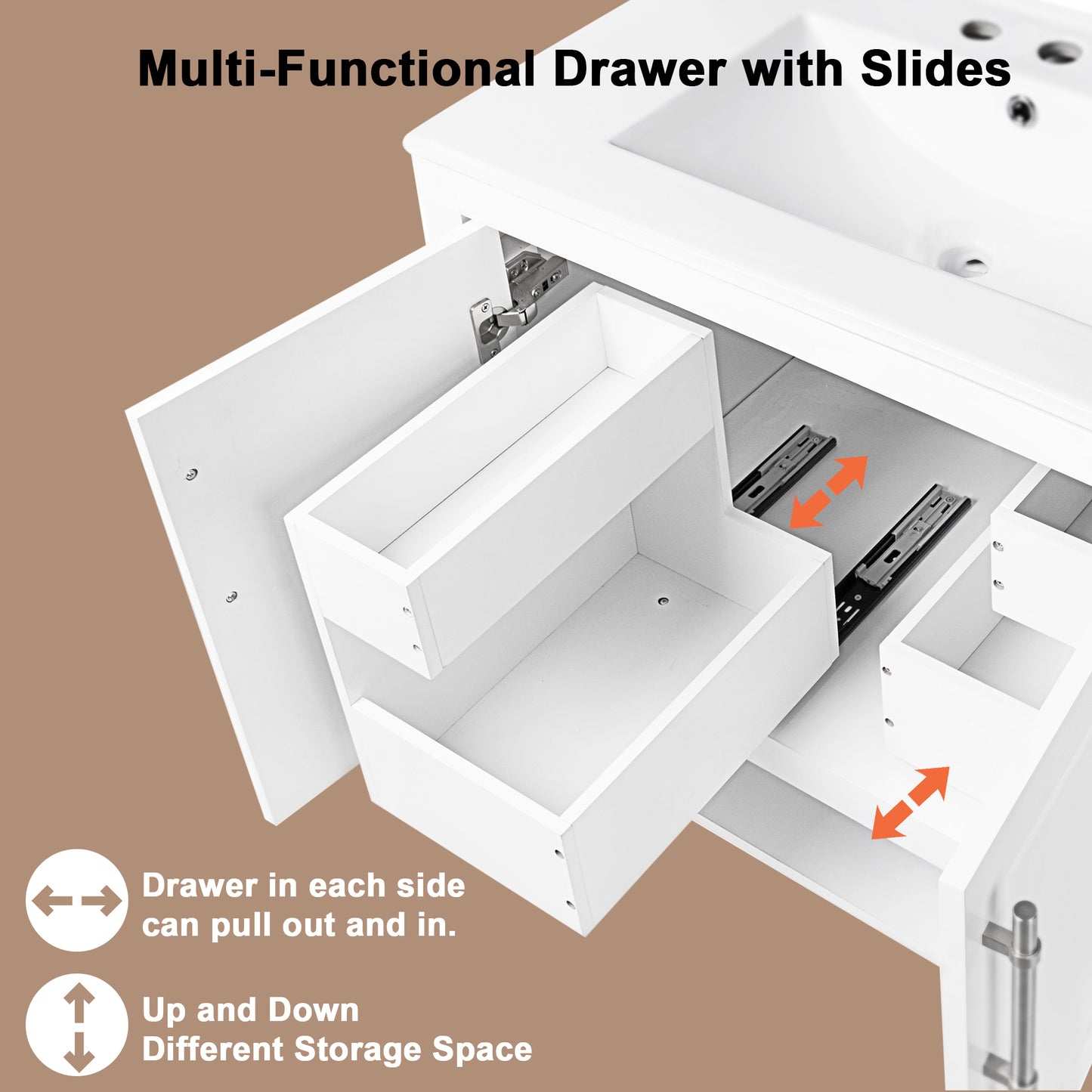 Bathroom Vanity with Sink Multi-functional Bathroom Cabinet with Doors and Drawers Solid Frame and MDF Board, White