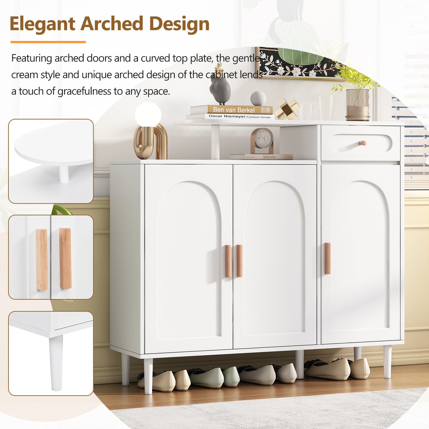 ON-TRANS Elegant Shoe Cabinet with Arched Doors and Drawers, Storage Side Panels, Adjustable Shelves and Solid Wood Legs, White