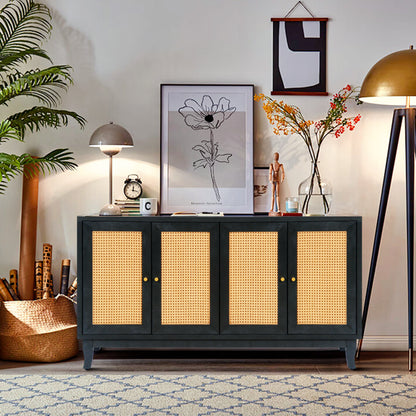 Handcrafted Premium Grain Rattan Sideboard Buffet Cabinet with 4 Rattan Doors, Black Finish