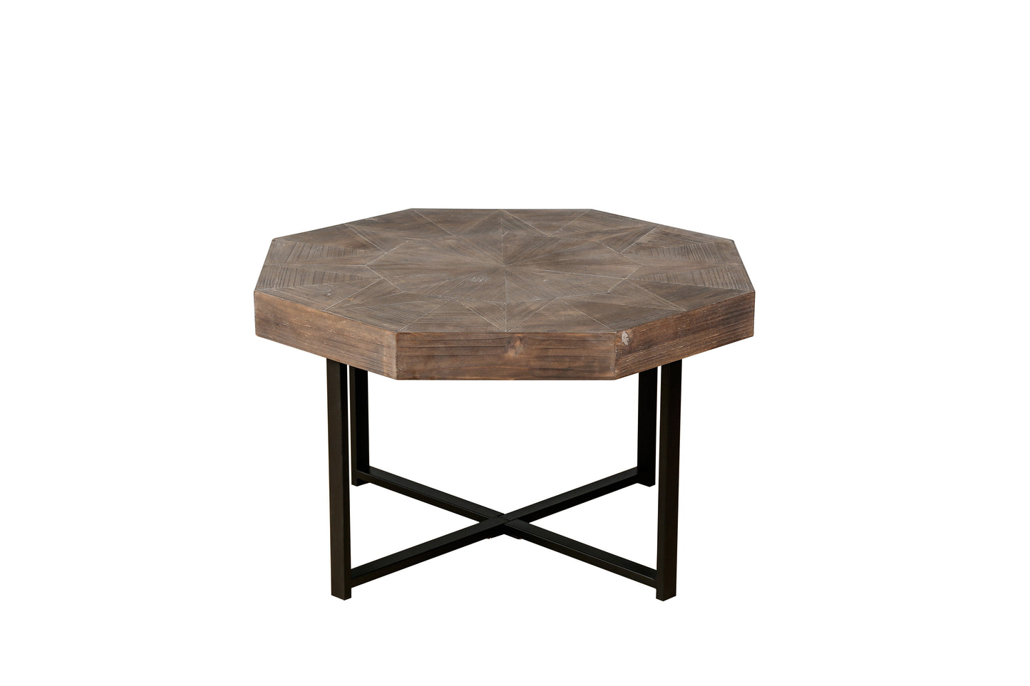 Wooden octagonal retro patchwork craft 30 inch wooden tabletop cross metal leg coffee table (antique brown)