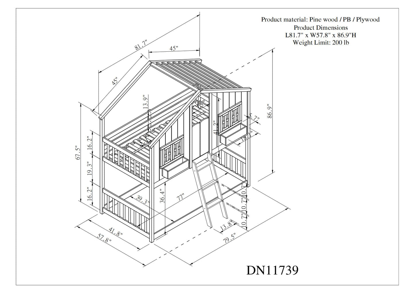 Twin over Twin House Bunk Bed with Roof , Window, Window Box, Door , with Safety Guardrails and Ladder,White