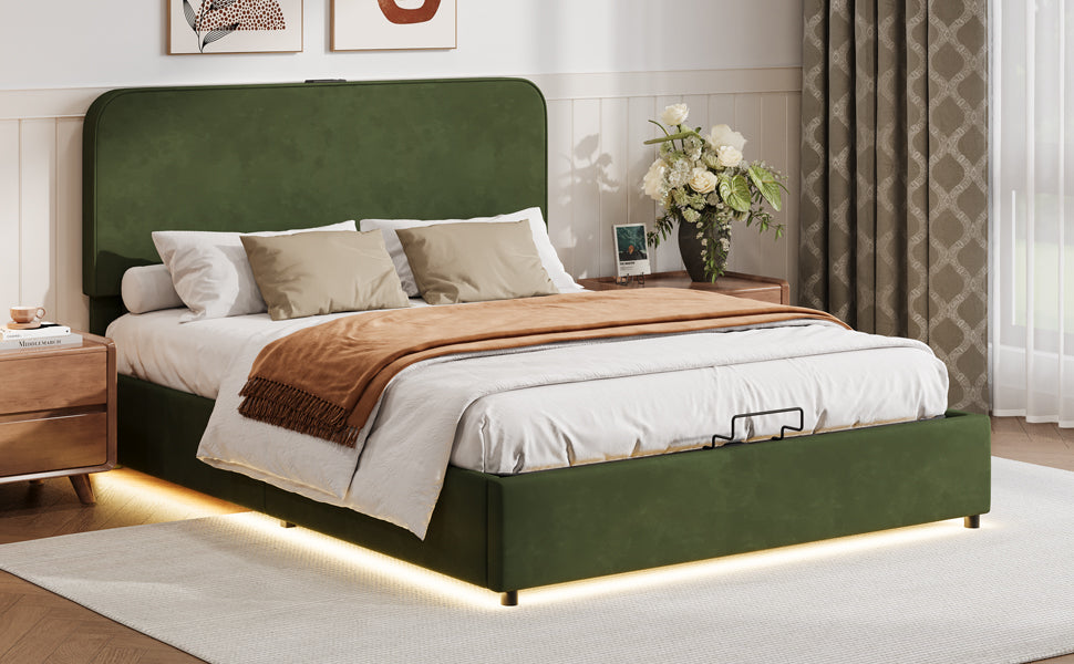 Large hydraulic storage bed with soft cushion lifting storage bed with RGB LED lights, Bluetooth speaker lychee velvet, green