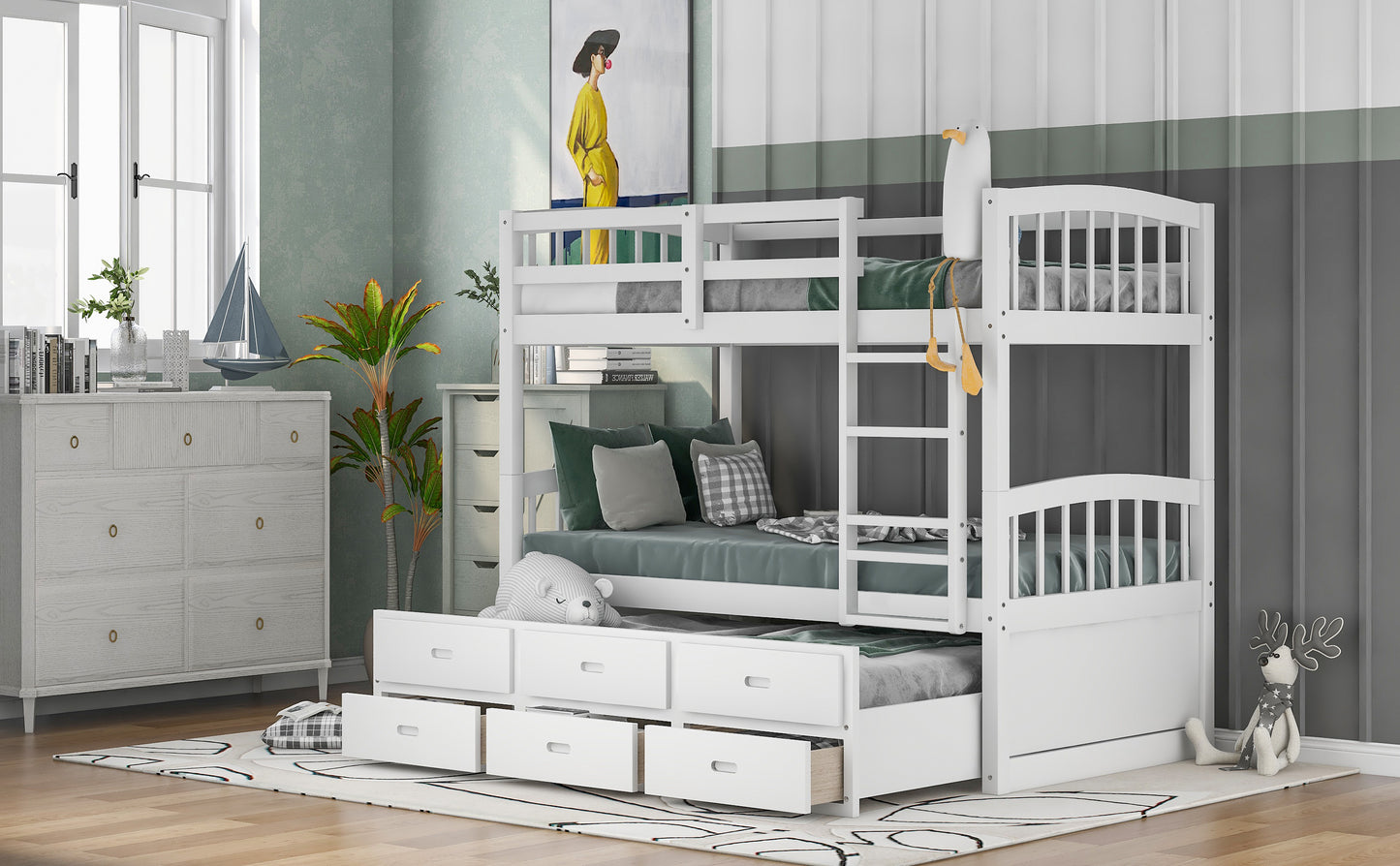 Twin over Twin Wood Bunk Bed with Trundle and Drawers White