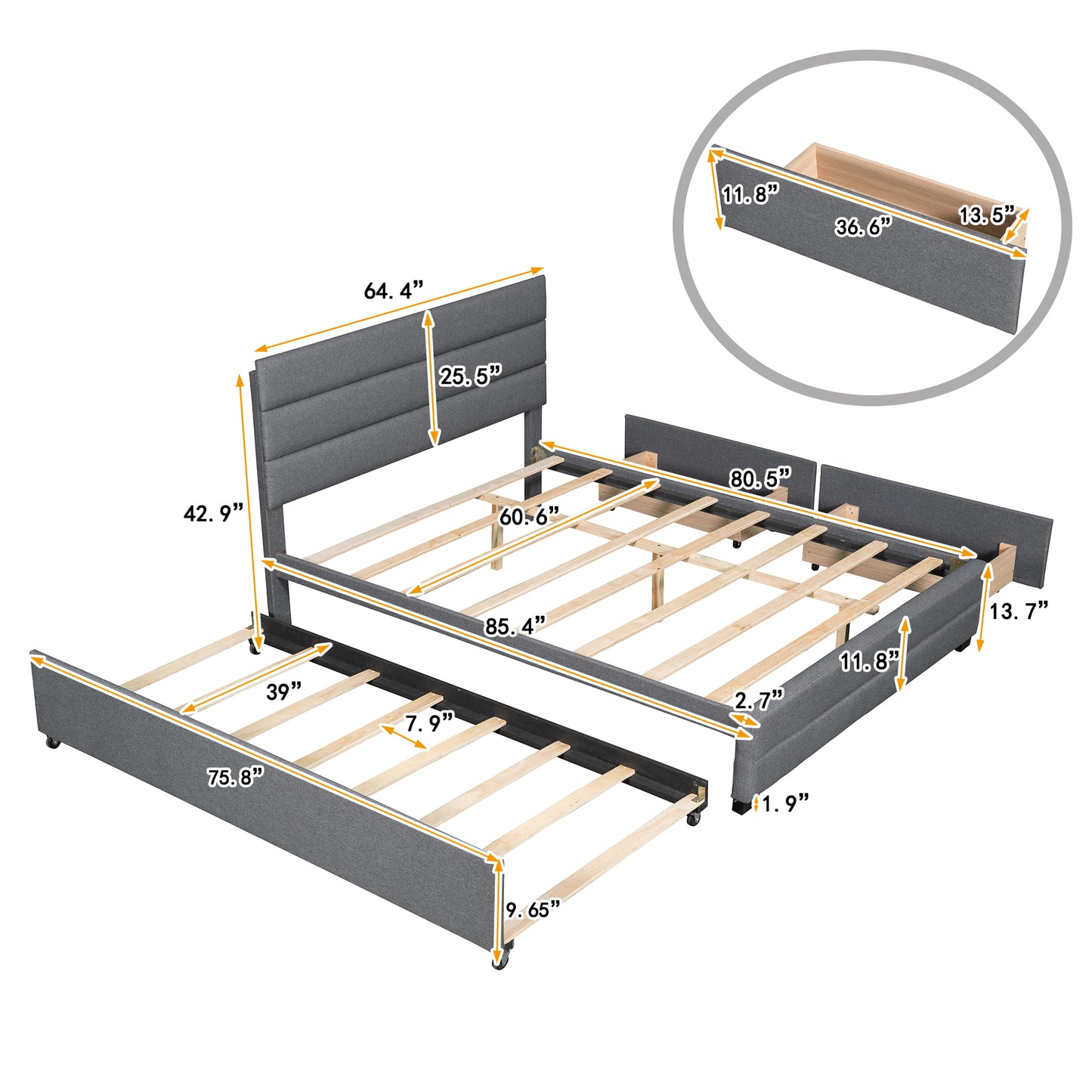 Queen Upholstered Platform Bed with Twin Size Trundle and Two Drawers Grey