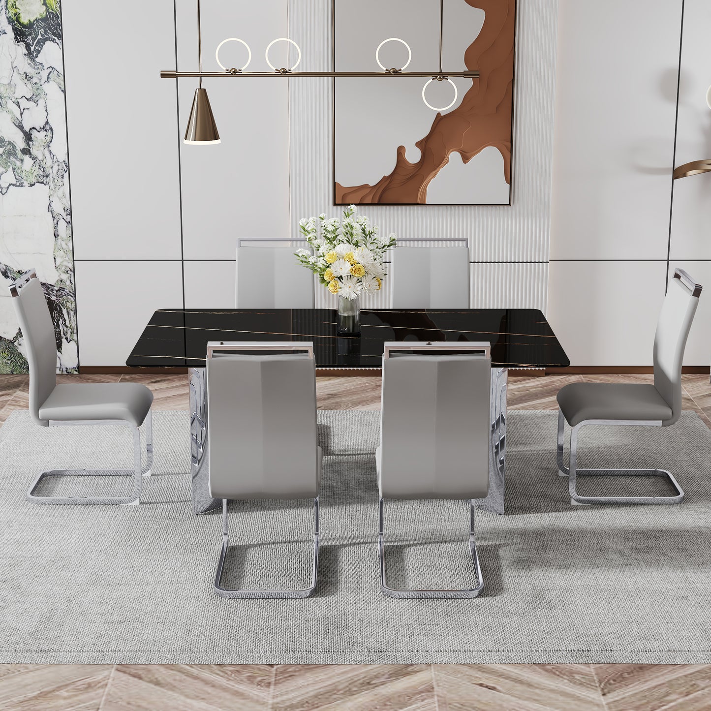 Modern minimalist dining table The black imitation marble glass desktop is equipped with silver metal legs