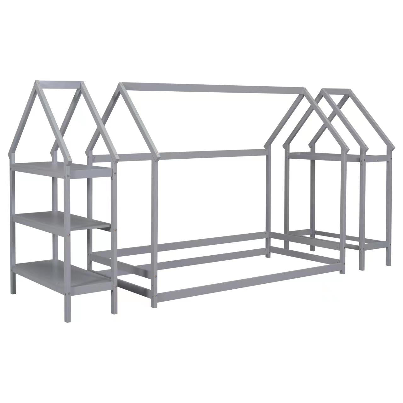 Twin House-Shaped Floor Bed with 2 Detachable Stands Grey