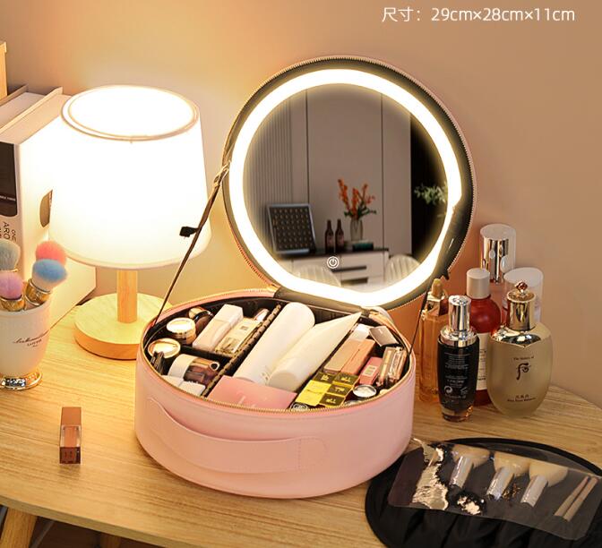 Makeup Bag with round Mirror Rechargeable Cosmetic Case woman Makeup Train Case Cosmetic Organizer with Mirror and Light