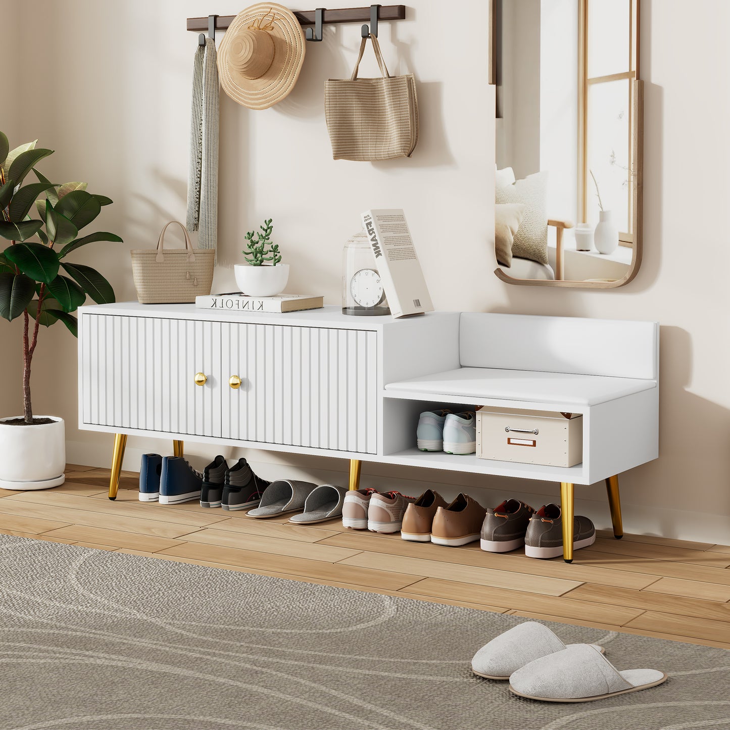 Modern Shoe Storage Bench with Hidden Storage and Upholstered Cushions, White Finish